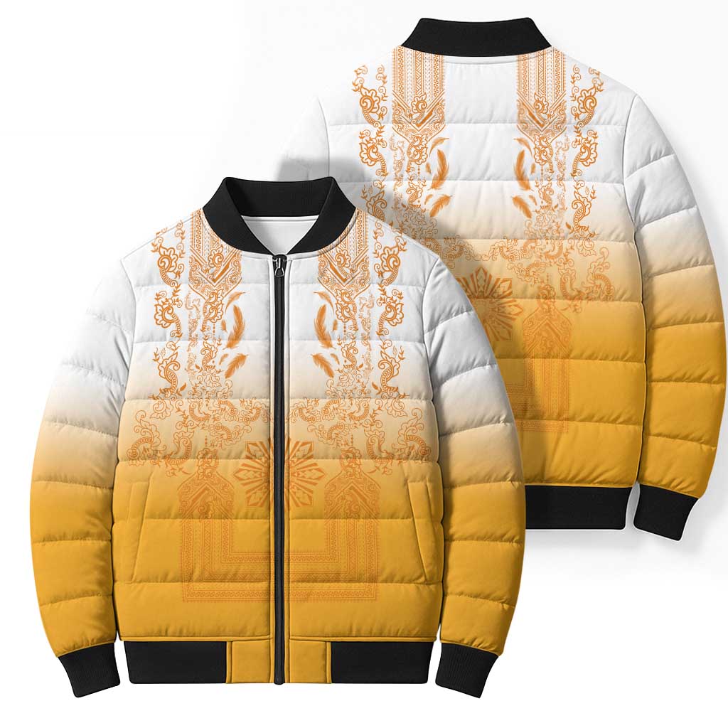 Philippines Barong Style Bomber Puffer Jacket with Polynesian Art and Leaf Motif Yellow Color