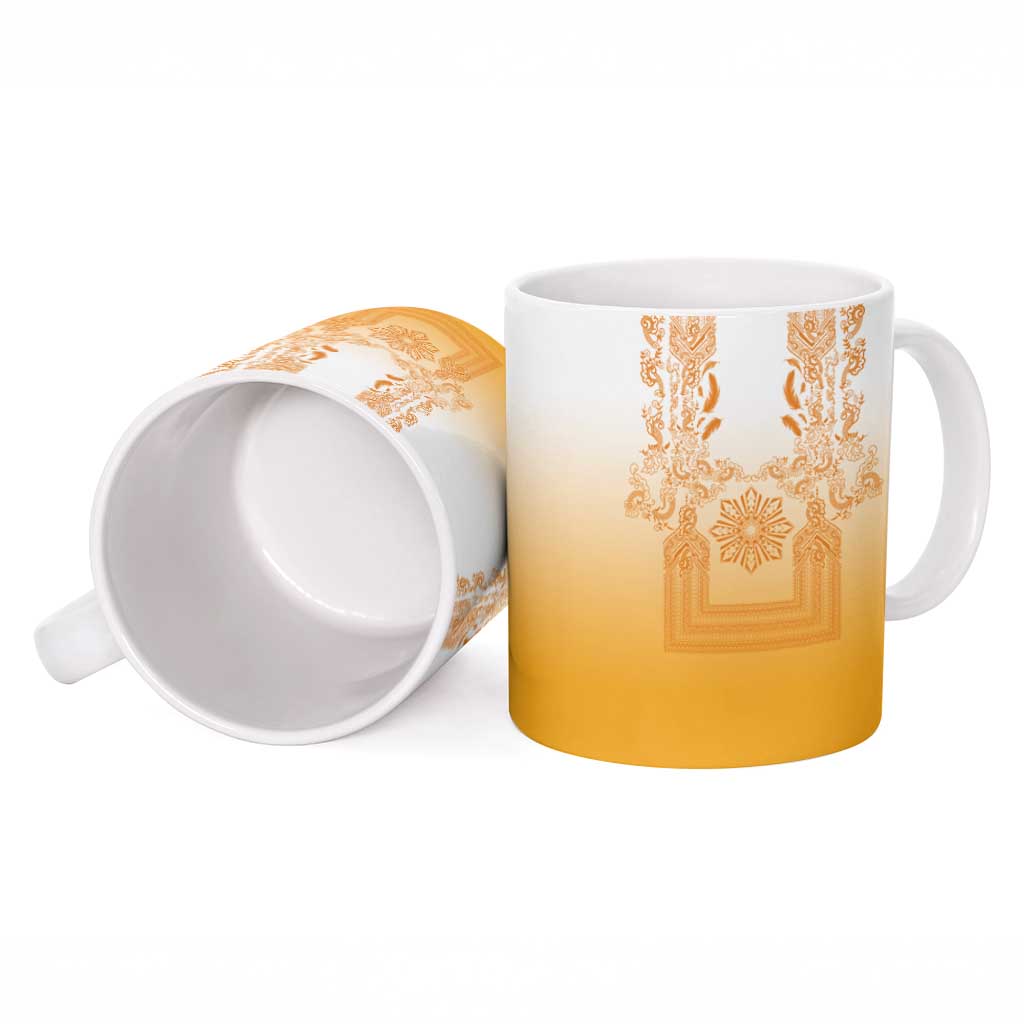Philippines Barong Style Ceramic Mug with Polynesian Art and Leaf Motif Yellow Color