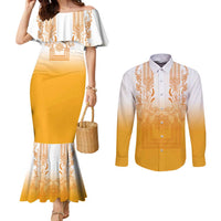 Philippines Barong Style Couples Matching Mermaid Dress and Long Sleeve Button Shirt with Polynesian Art and Leaf Motif Yellow Color LT03 Yellow - Polynesian Pride