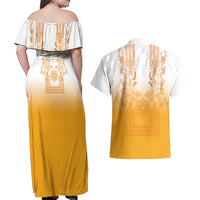 Philippines Barong Style Couples Matching Off Shoulder Maxi Dress and Hawaiian Shirt with Polynesian Art and Leaf Motif Yellow Color LT03 - Polynesian Pride