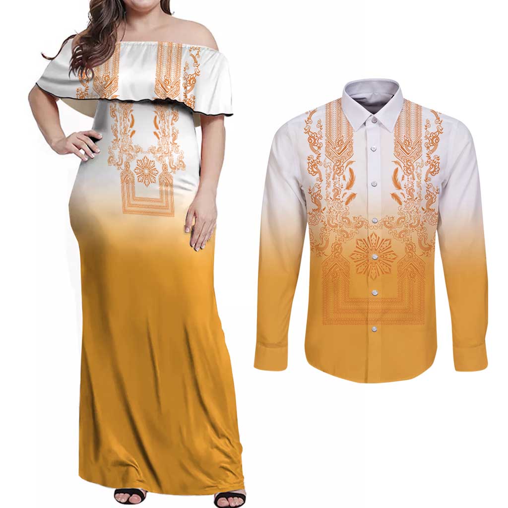 Philippines Barong Style Couples Matching Off Shoulder Maxi Dress and Long Sleeve Button Shirt with Polynesian Art and Leaf Motif Yellow Color LT03 Yellow - Polynesian Pride
