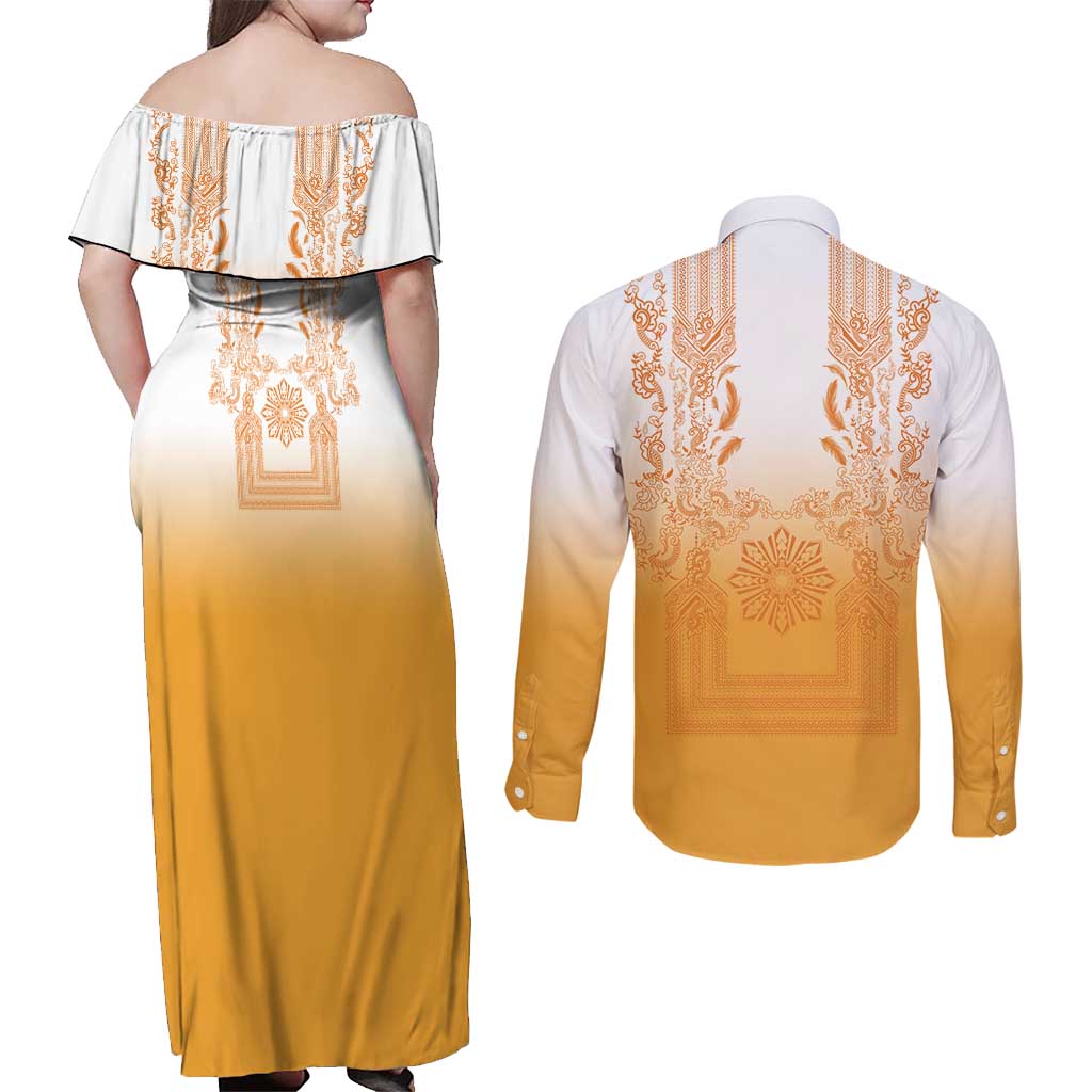Philippines Barong Style Couples Matching Off Shoulder Maxi Dress and Long Sleeve Button Shirt with Polynesian Art and Leaf Motif Yellow Color LT03 - Polynesian Pride