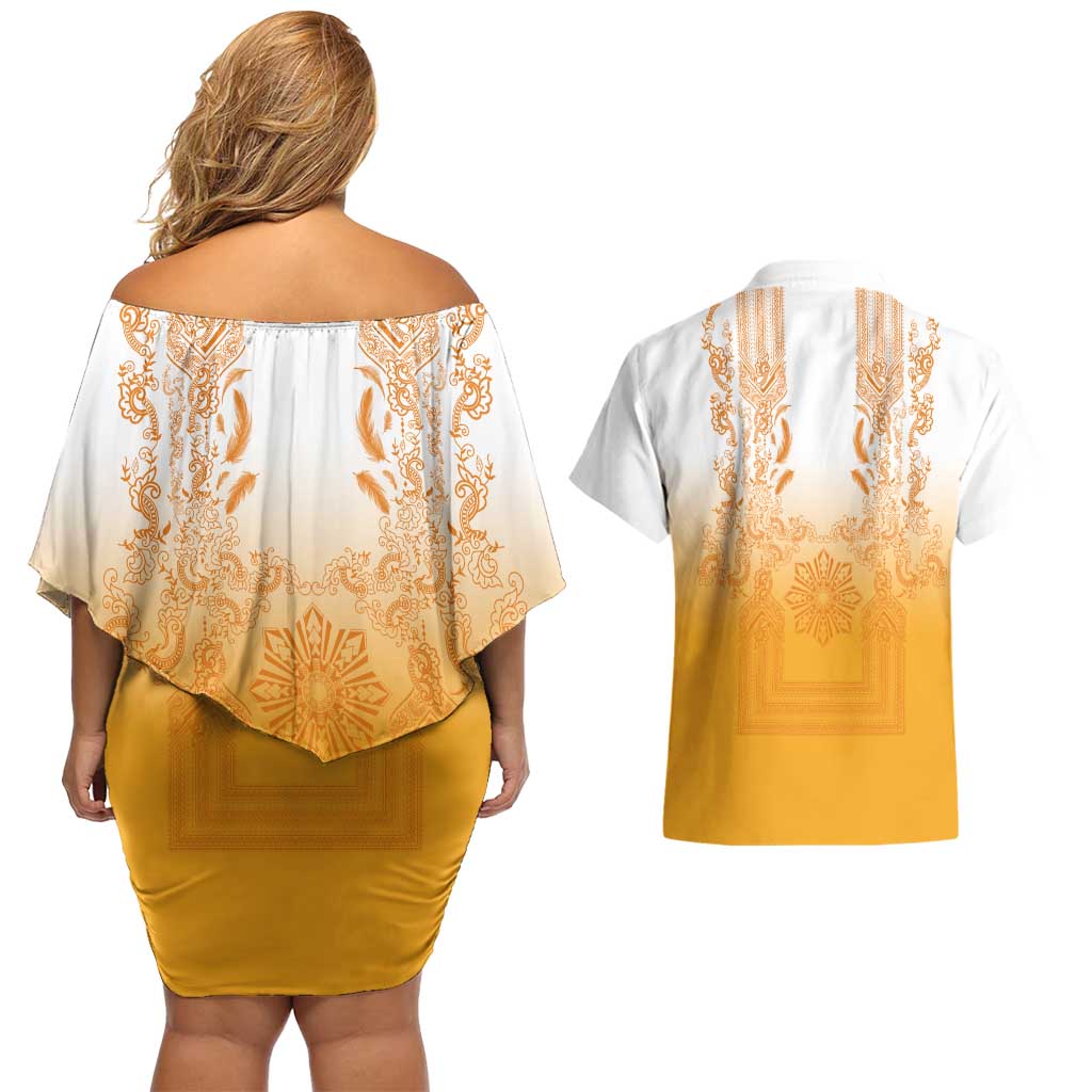 Philippines Barong Style Couples Matching Off Shoulder Short Dress and Hawaiian Shirt with Polynesian Art and Leaf Motif Yellow Color LT03 - Polynesian Pride