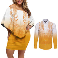 Philippines Barong Style Couples Matching Off Shoulder Short Dress and Long Sleeve Button Shirt with Polynesian Art and Leaf Motif Yellow Color LT03 Yellow - Polynesian Pride