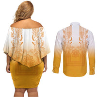 Philippines Barong Style Couples Matching Off Shoulder Short Dress and Long Sleeve Button Shirt with Polynesian Art and Leaf Motif Yellow Color LT03 - Polynesian Pride