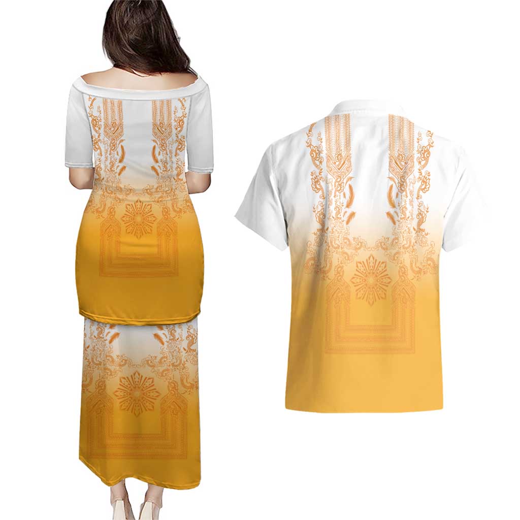 Philippines Barong Style Couples Matching Puletasi and Hawaiian Shirt with Polynesian Art and Leaf Motif Yellow Color LT03 - Polynesian Pride