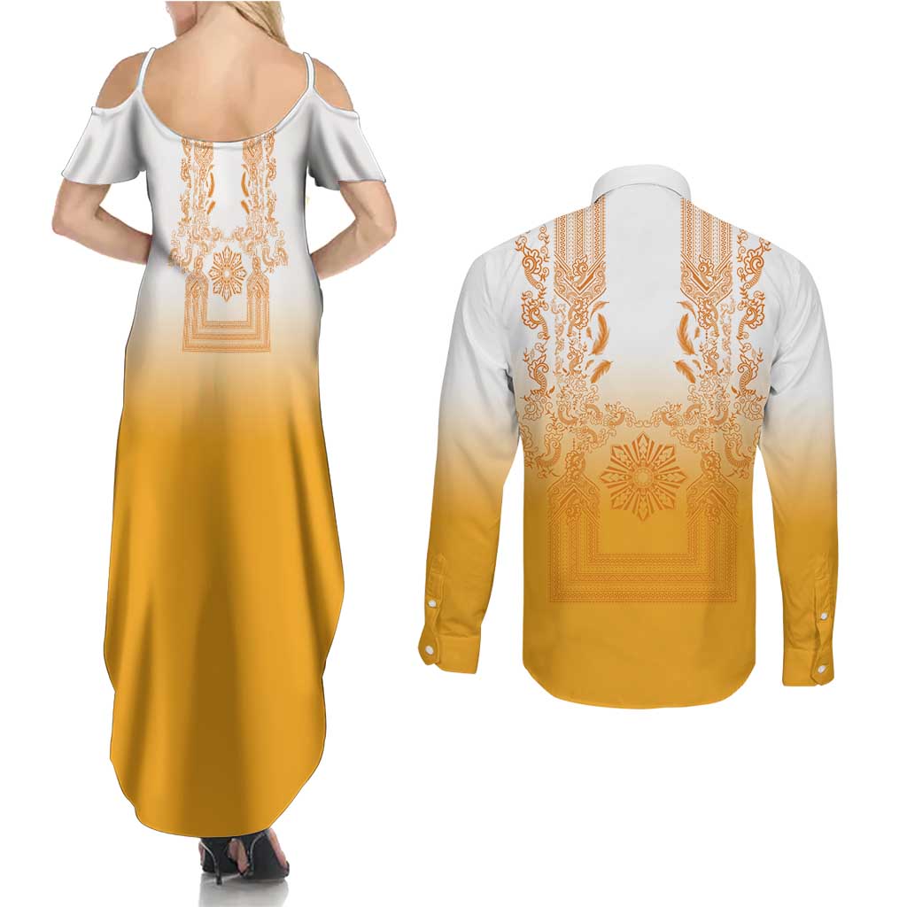 Philippines Barong Style Couples Matching Summer Maxi Dress and Long Sleeve Button Shirt with Polynesian Art and Leaf Motif Yellow Color LT03 - Polynesian Pride