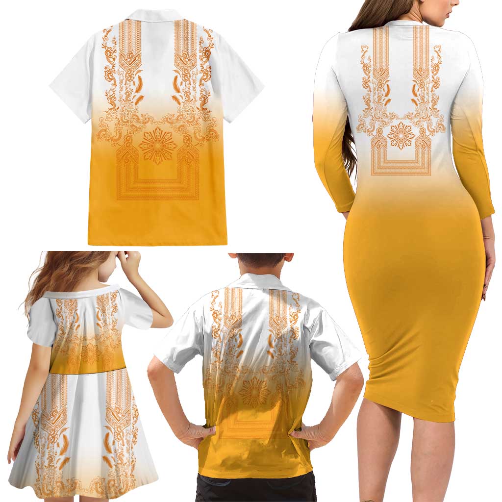 Philippines Barong Style Family Matching Long Sleeve Bodycon Dress and Hawaiian Shirt with Polynesian Art and Leaf Motif Yellow Color LT03 - Polynesian Pride