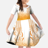 Philippines Barong Style Family Matching Off The Shoulder Long Sleeve Dress and Hawaiian Shirt with Polynesian Art and Leaf Motif Yellow Color LT03 Daughter's Dress Yellow - Polynesian Pride
