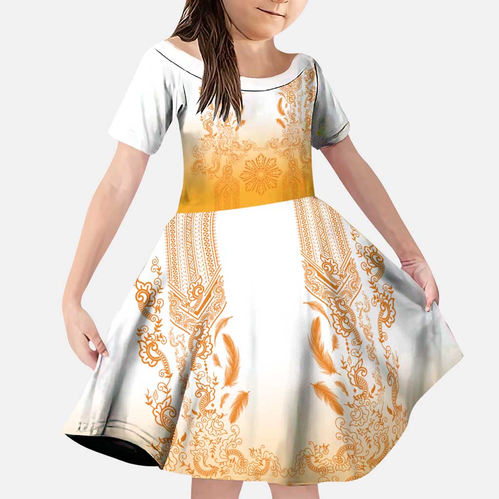 Philippines Barong Style Family Matching Off Shoulder Short Dress and Hawaiian Shirt with Polynesian Art and Leaf Motif Yellow Color LT03 Daughter's Dress Yellow - Polynesian Pride