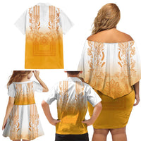 Philippines Barong Style Family Matching Off Shoulder Short Dress and Hawaiian Shirt with Polynesian Art and Leaf Motif Yellow Color LT03 - Polynesian Pride