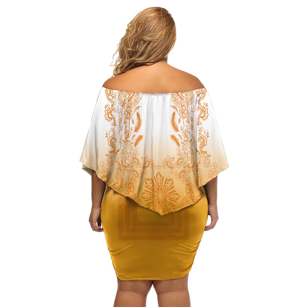 Philippines Barong Style Family Matching Off Shoulder Short Dress and Hawaiian Shirt with Polynesian Art and Leaf Motif Yellow Color LT03 - Polynesian Pride