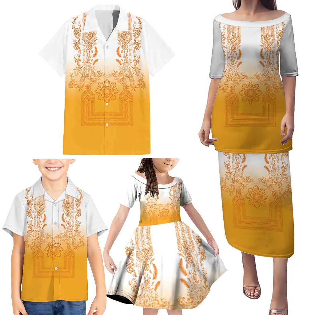 Philippines Barong Style Family Matching Puletasi and Hawaiian Shirt with Polynesian Art and Leaf Motif Yellow Color