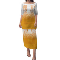 Philippines Barong Style Family Matching Puletasi and Hawaiian Shirt with Polynesian Art and Leaf Motif Yellow Color LT03 Mom's Dress Yellow - Polynesian Pride