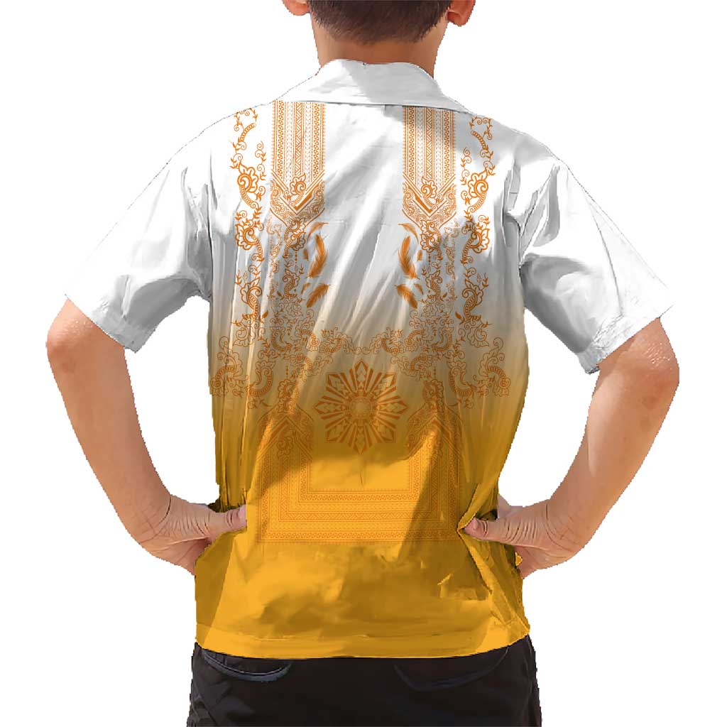 Philippines Barong Style Family Matching Short Sleeve Bodycon Dress and Hawaiian Shirt with Polynesian Art and Leaf Motif Yellow Color LT03 - Polynesian Pride