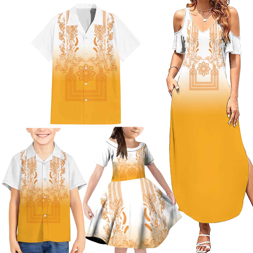 Philippines Barong Style Family Matching Summer Maxi Dress and Hawaiian Shirt with Polynesian Art and Leaf Motif Yellow Color LT03 - Polynesian Pride