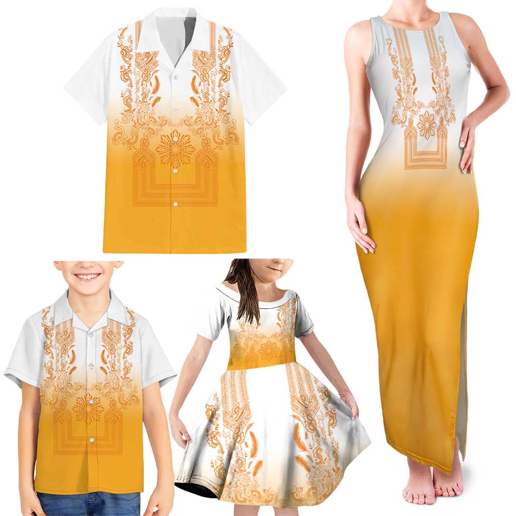 Philippines Barong Style Family Matching Tank Maxi Dress and Hawaiian Shirt with Polynesian Art and Leaf Motif Yellow Color LT03 - Polynesian Pride