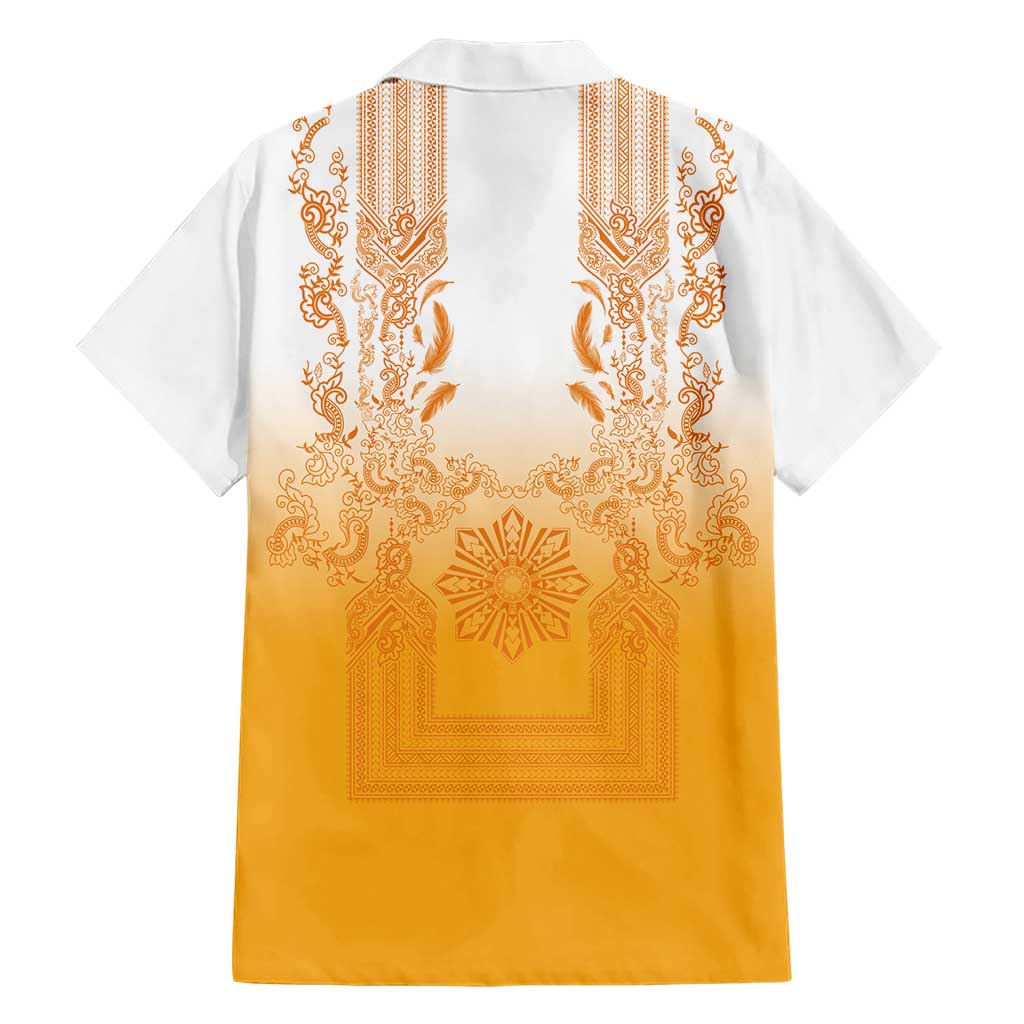 Philippines Barong Style Hawaiian Shirt with Polynesian Art and Leaf Motif Yellow Color