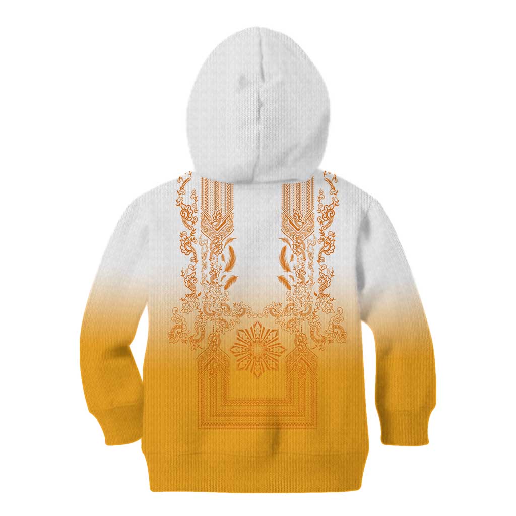 Philippines Barong Style Kid Hoodie with Polynesian Art and Leaf Motif Yellow Color