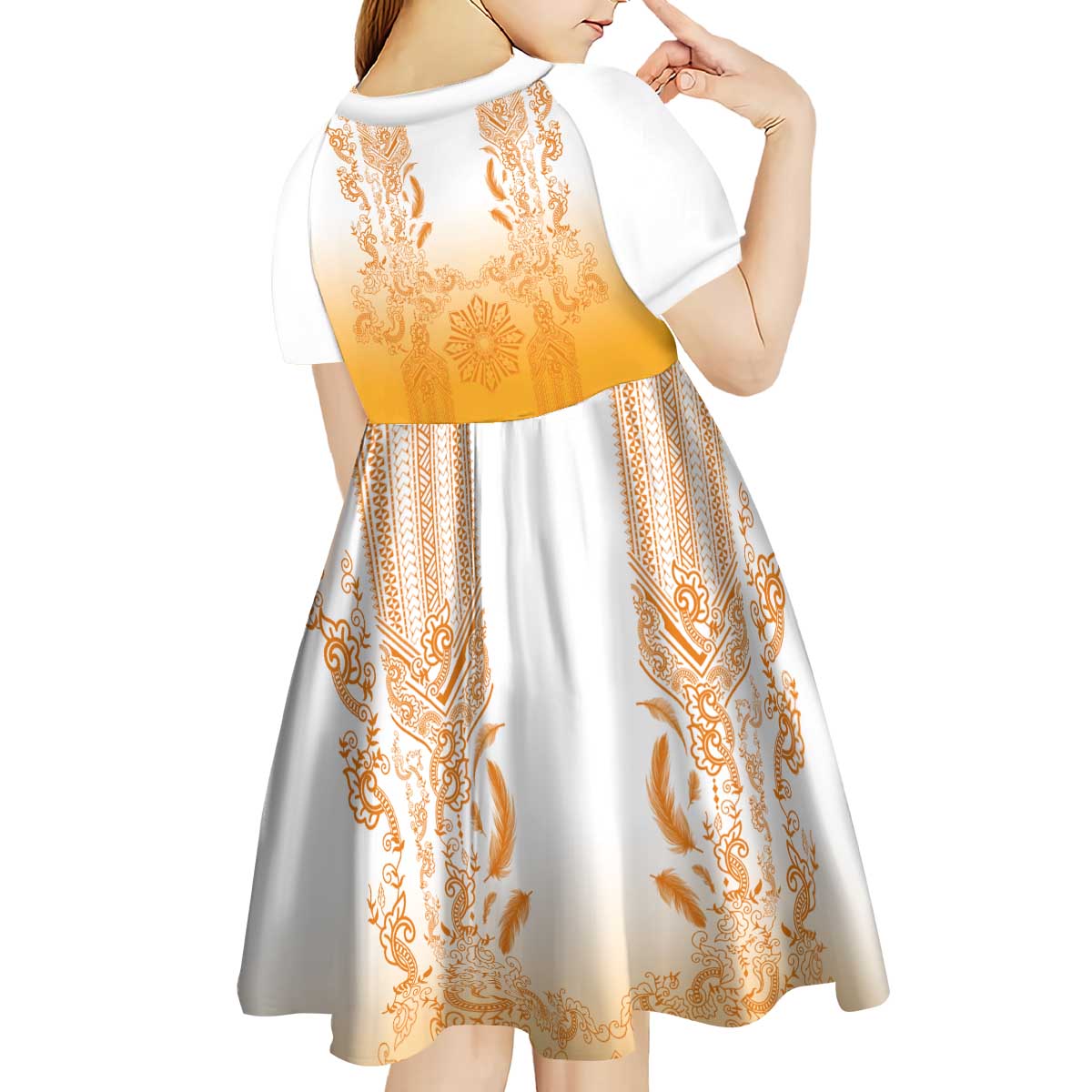 Philippines Barong Style Kid Short Sleeve Dress with Polynesian Art and Leaf Motif Yellow Color