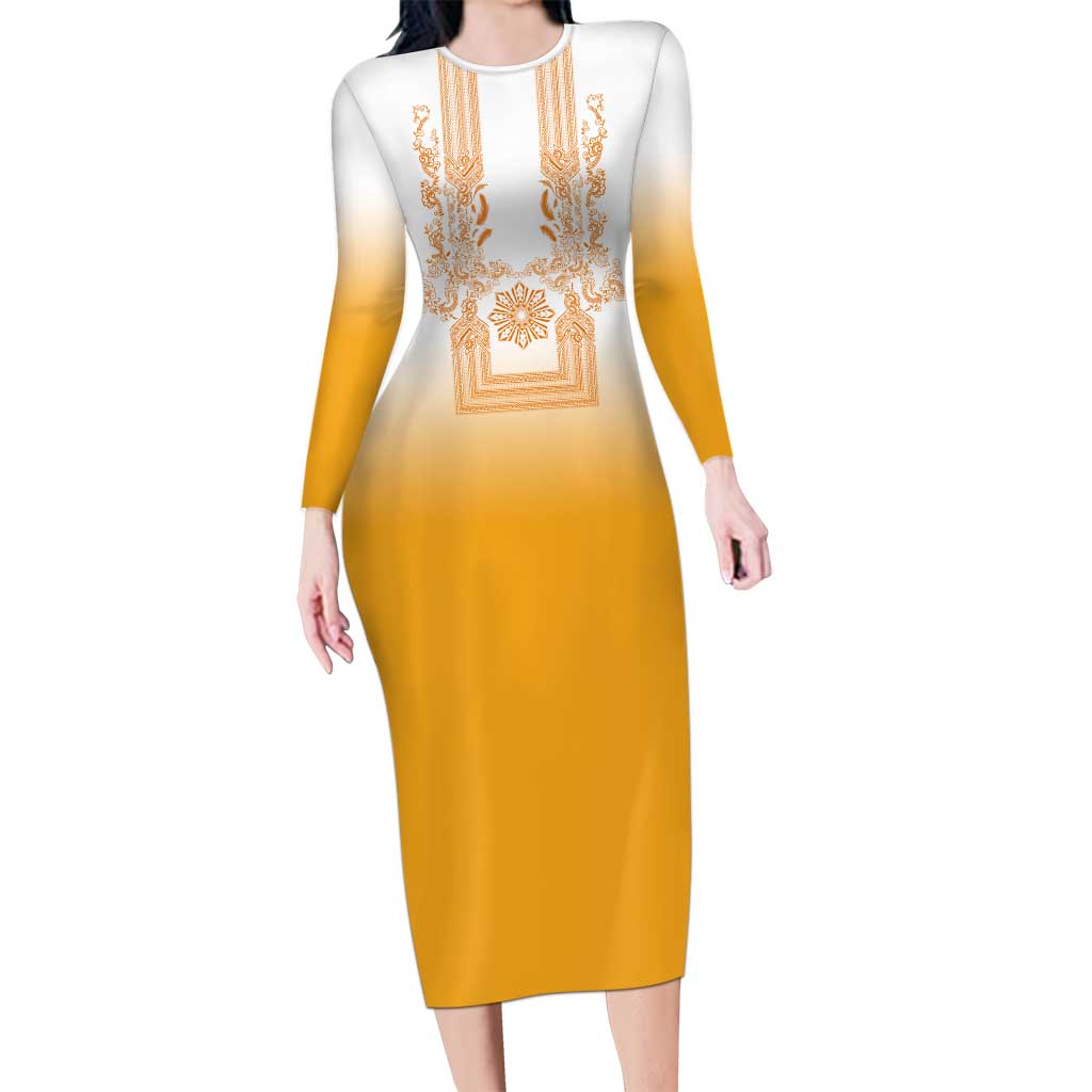 Philippines Barong Style Long Sleeve Bodycon Dress with Polynesian Art and Leaf Motif Yellow Color LT03 Long Dress Yellow - Polynesian Pride