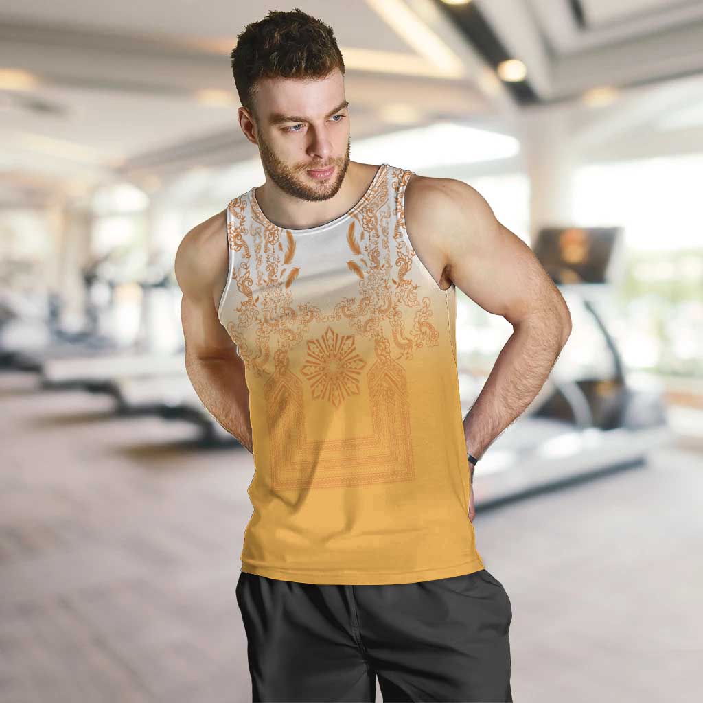 Philippines Barong Style Men Tank Top with Polynesian Art and Leaf Motif Yellow Color