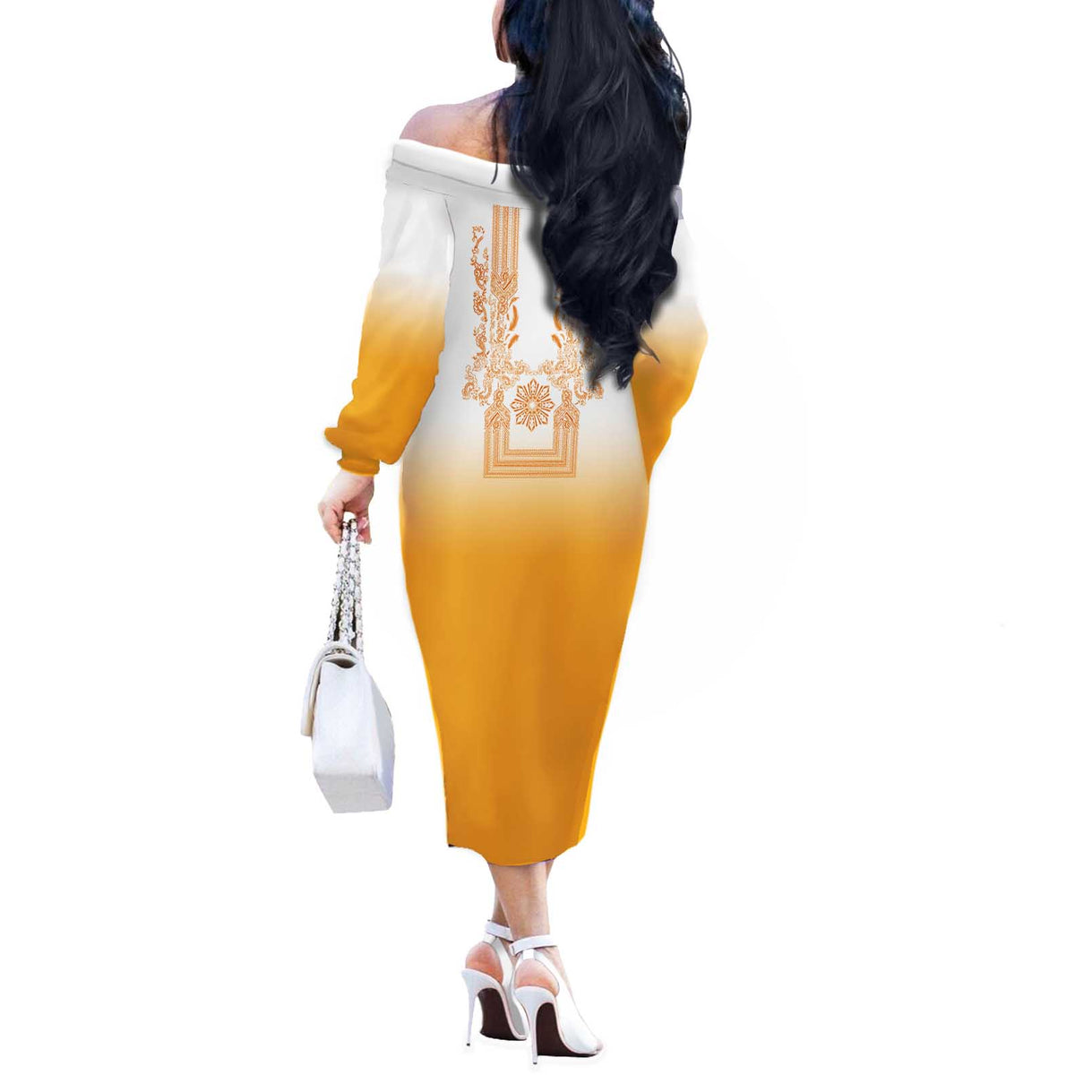 Philippines Barong Style Off The Shoulder Long Sleeve Dress with Polynesian Art and Leaf Motif Yellow Color LT03 - Polynesian Pride