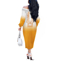 Philippines Barong Style Off The Shoulder Long Sleeve Dress with Polynesian Art and Leaf Motif Yellow Color LT03 - Polynesian Pride