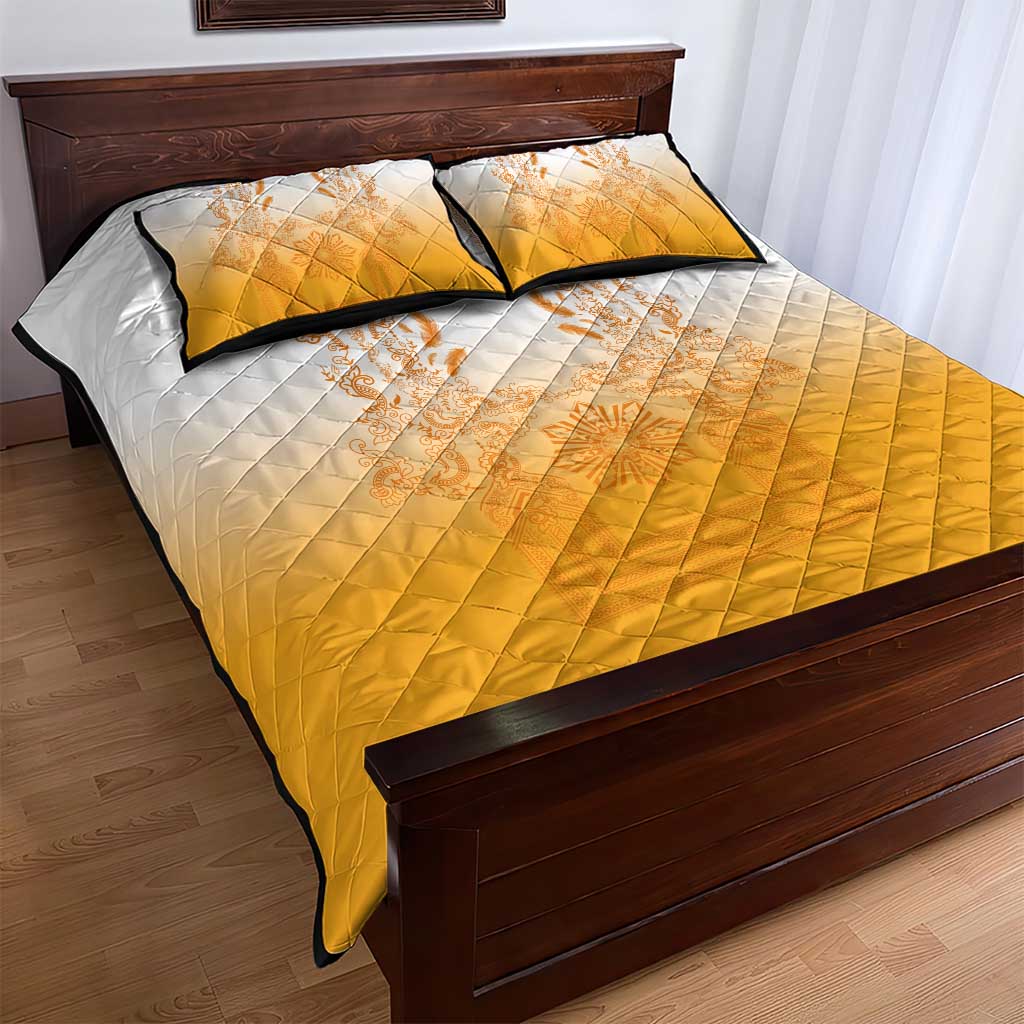 Philippines Barong Style Quilt Bed Set with Polynesian Art and Leaf Motif Yellow Color