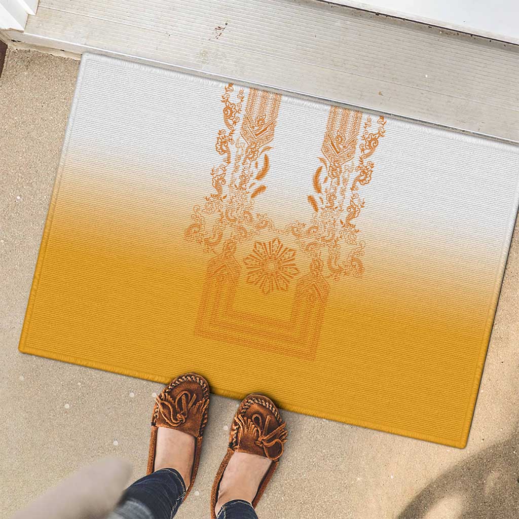 Philippines Barong Style Rubber Doormat with Polynesian Art and Leaf Motif Yellow Color
