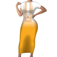 Philippines Barong Style Short Sleeve Bodycon Dress with Polynesian Art and Leaf Motif Yellow Color LT03 Long Dress Yellow - Polynesian Pride