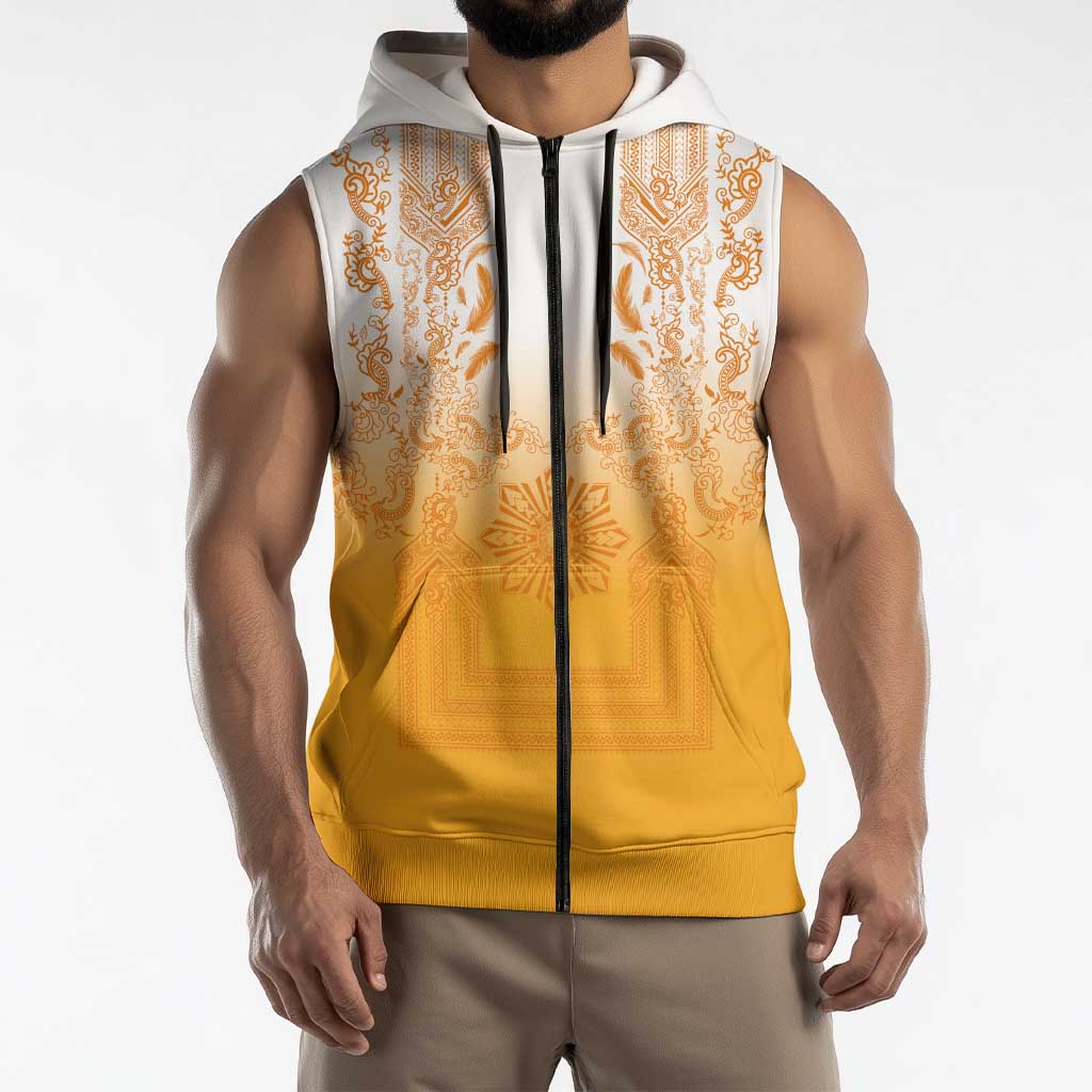 Philippines Barong Style Sleeveless Zip Hoodie with Polynesian Art and Leaf Motif Yellow Color LT03 - Polynesian Pride