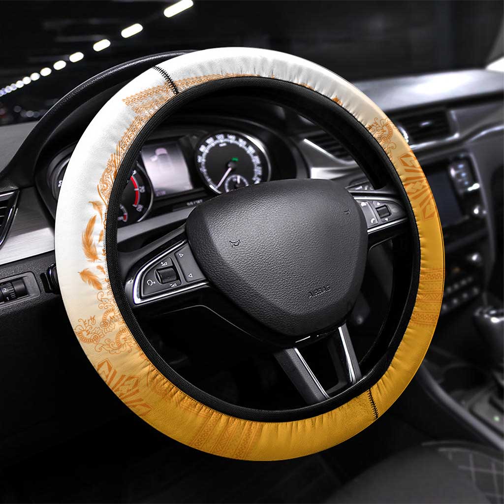 Philippines Barong Style Steering Wheel Cover with Polynesian Art and Leaf Motif Yellow Color