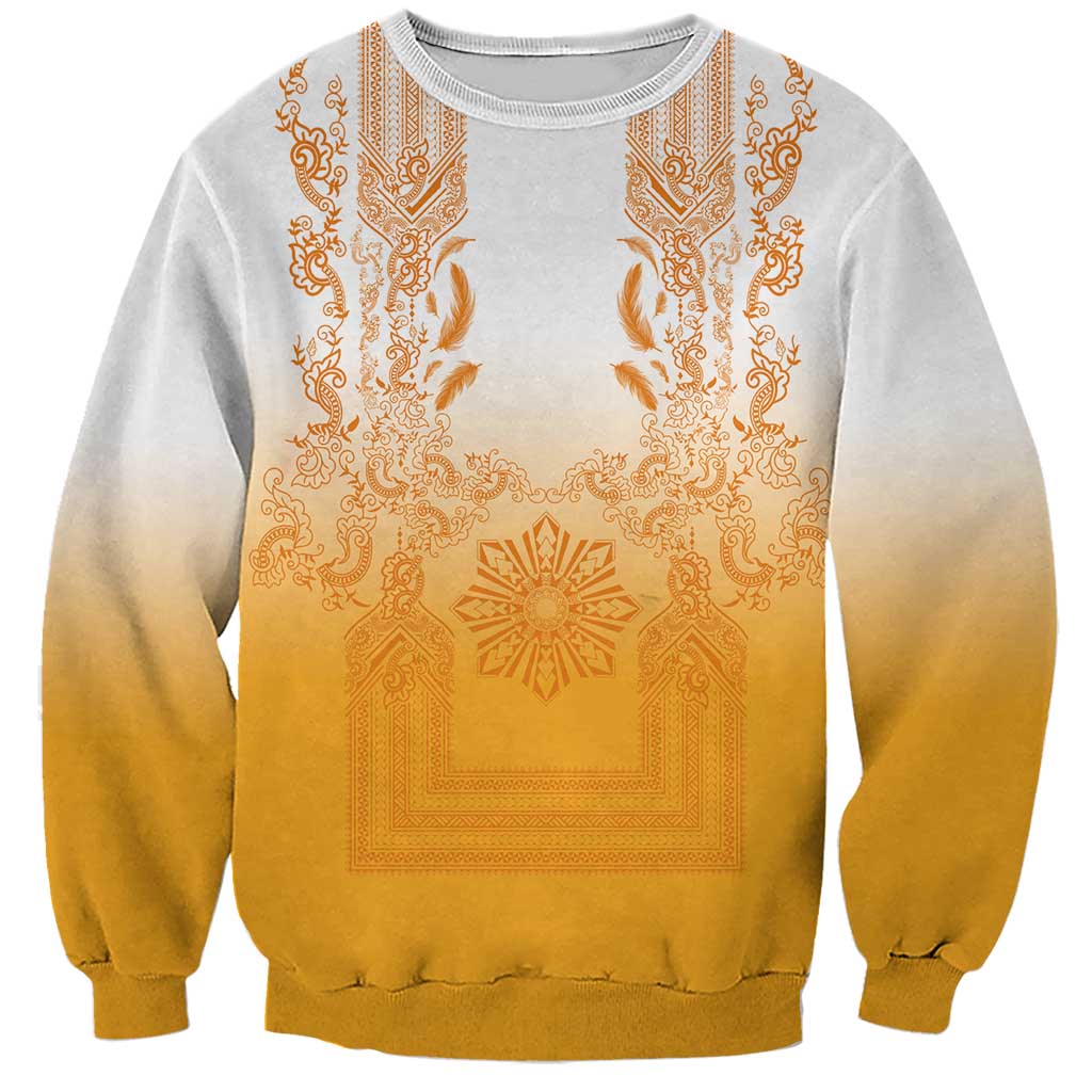 Philippines Barong Style Sweatshirt with Polynesian Art and Leaf Motif Yellow Color