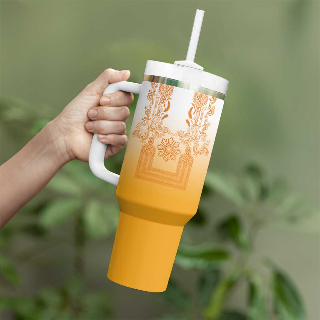 Philippines Barong Style Tumbler With Handle with Polynesian Art and Leaf Motif Yellow Color