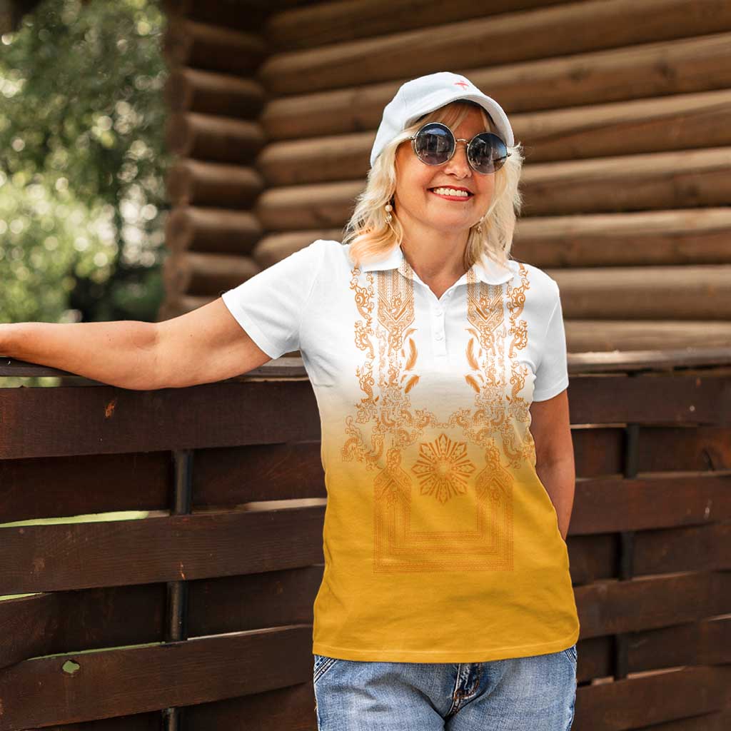 Philippines Barong Style Women Polo Shirt with Polynesian Art and Leaf Motif Yellow Color LT03 - Polynesian Pride