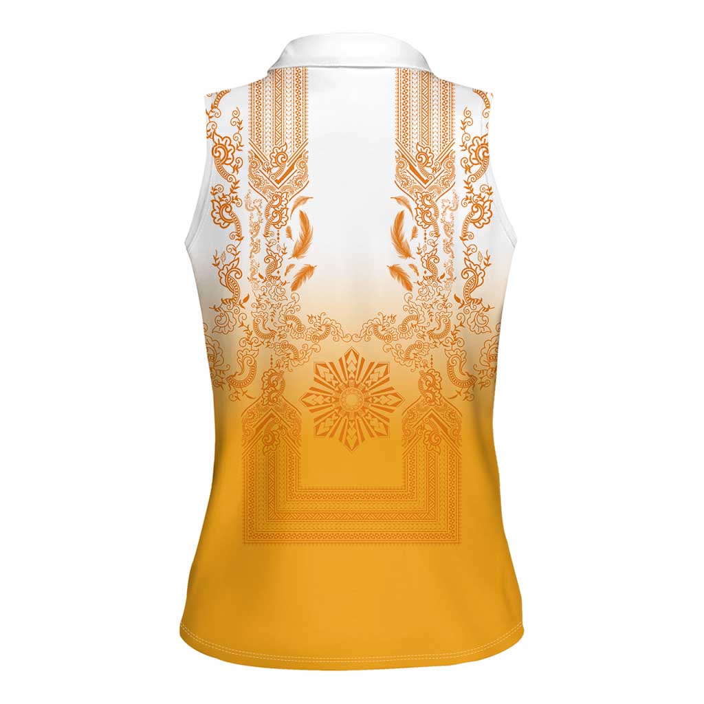 Philippines Barong Style Women Sleeveless Polo Shirt with Polynesian Art and Leaf Motif Yellow Color LT03 - Polynesian Pride