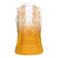 Philippines Barong Style Women Sleeveless Polo Shirt with Polynesian Art and Leaf Motif Yellow Color LT03 - Polynesian Pride