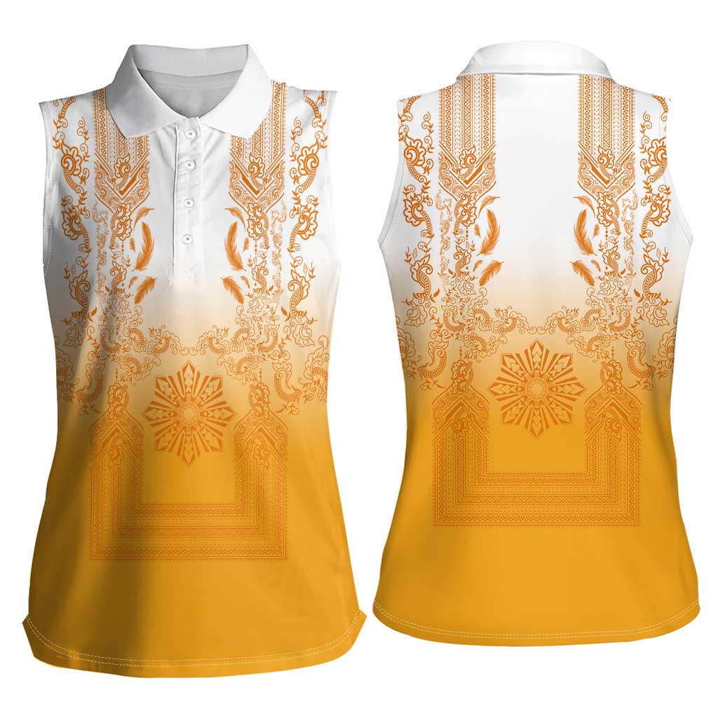 Philippines Barong Style Women Sleeveless Polo Shirt with Polynesian Art and Leaf Motif Yellow Color LT03 - Polynesian Pride