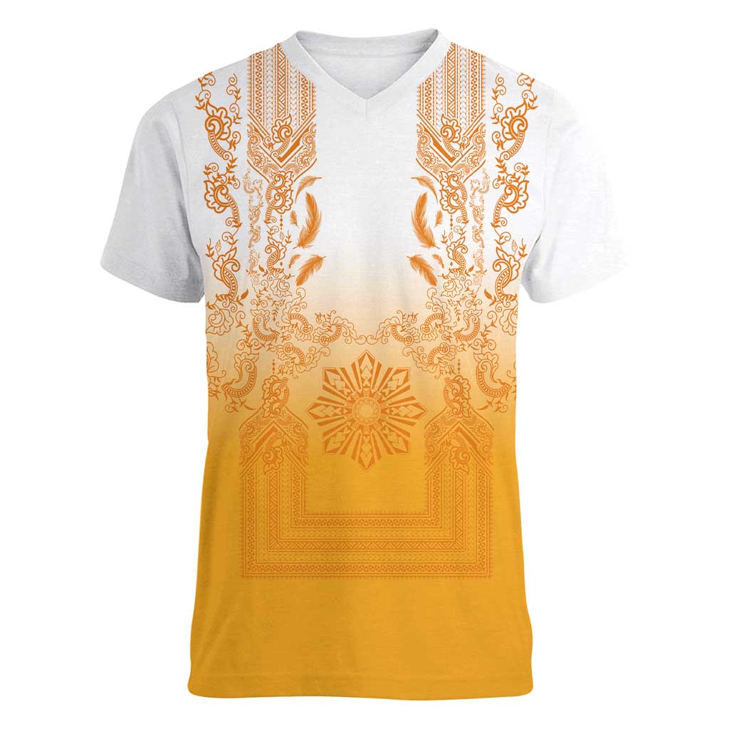 Philippines Barong Style Women V-Neck T-Shirt with Polynesian Art and Leaf Motif Yellow Color LT03 Female Yellow - Polynesian Pride