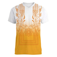 Philippines Barong Style Women V-Neck T-Shirt with Polynesian Art and Leaf Motif Yellow Color LT03 Female Yellow - Polynesian Pride
