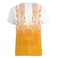 Philippines Barong Style Women V-Neck T-Shirt with Polynesian Art and Leaf Motif Yellow Color LT03 - Polynesian Pride