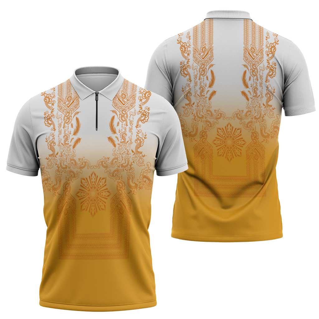 Philippines Barong Style Zipper Polo Shirt with Polynesian Art and Leaf Motif Yellow Color LT03 - Polynesian Pride