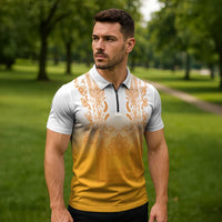 Philippines Barong Style Zipper Polo Shirt with Polynesian Art and Leaf Motif Yellow Color LT03 - Polynesian Pride