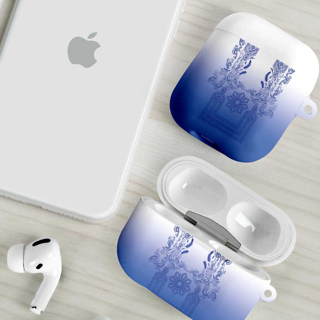 Philippines Barong Style AirPods Case with Polynesian Art and Leaf Motif Blue Color