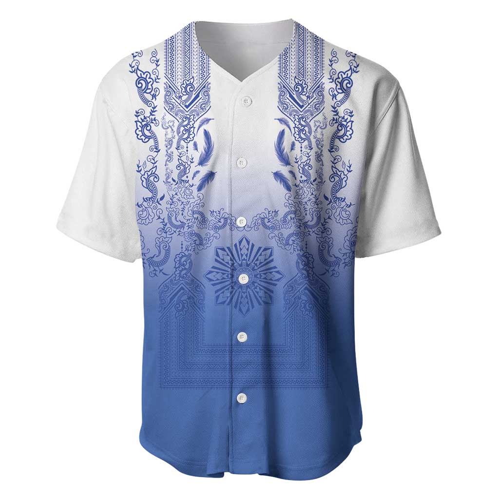 Philippines Barong Style Baseball Jersey with Polynesian Art and Leaf Motif Blue Color