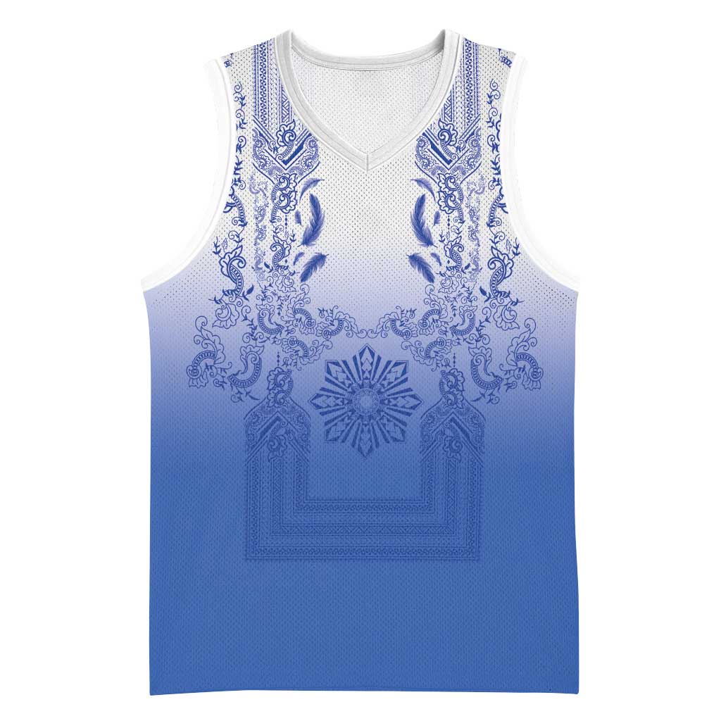 Philippines Barong Style Basketball Jersey with Polynesian Art and Leaf Motif Blue Color LT03 Unisex Blue - Polynesian Pride