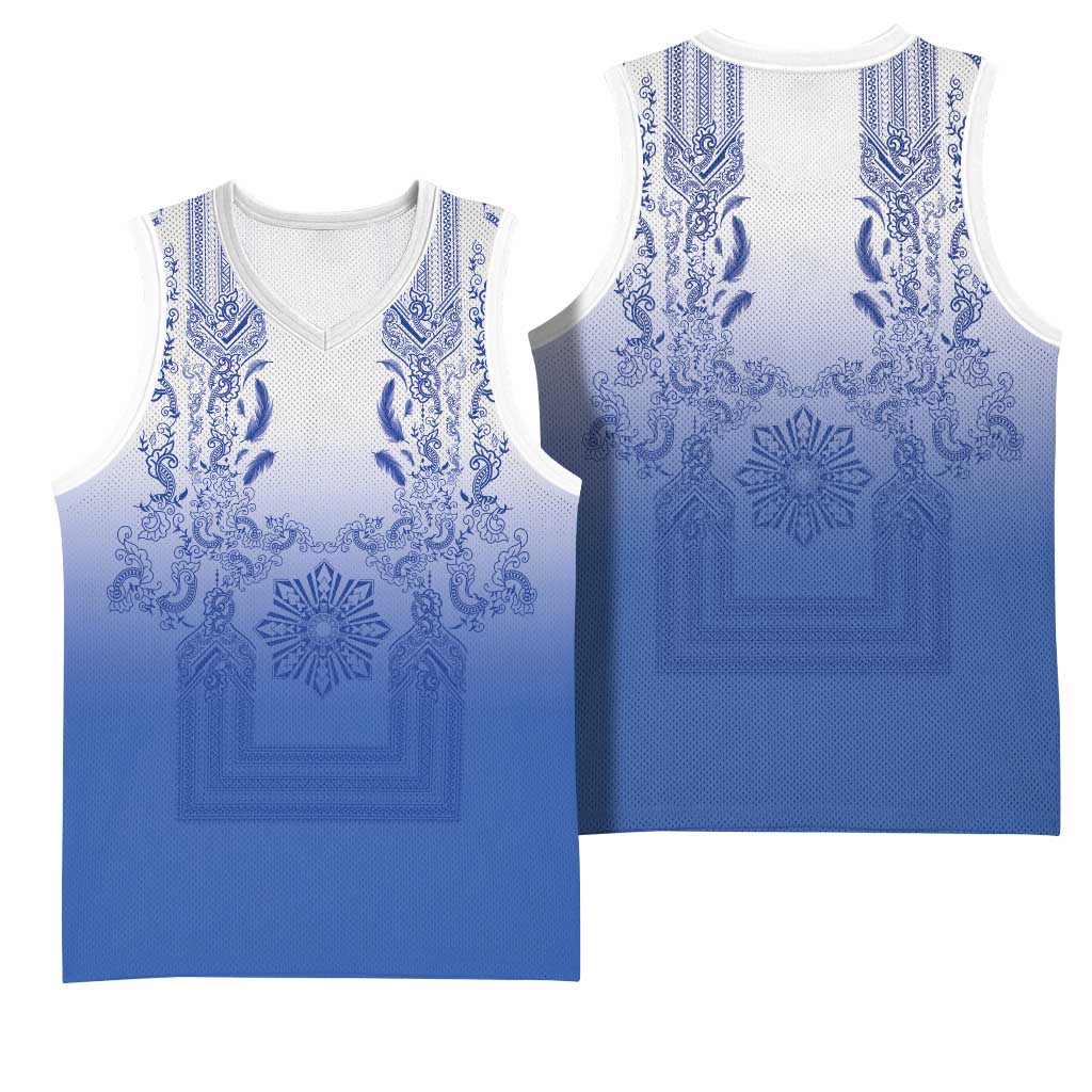 Philippines Barong Style Basketball Jersey with Polynesian Art and Leaf Motif Blue Color LT03 - Polynesian Pride