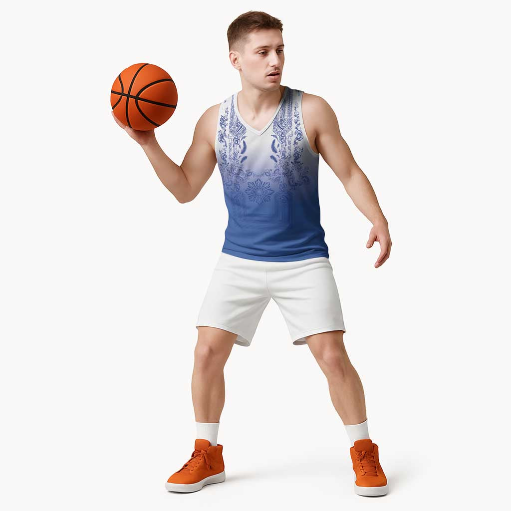 Philippines Barong Style Basketball Jersey with Polynesian Art and Leaf Motif Blue Color LT03 - Polynesian Pride