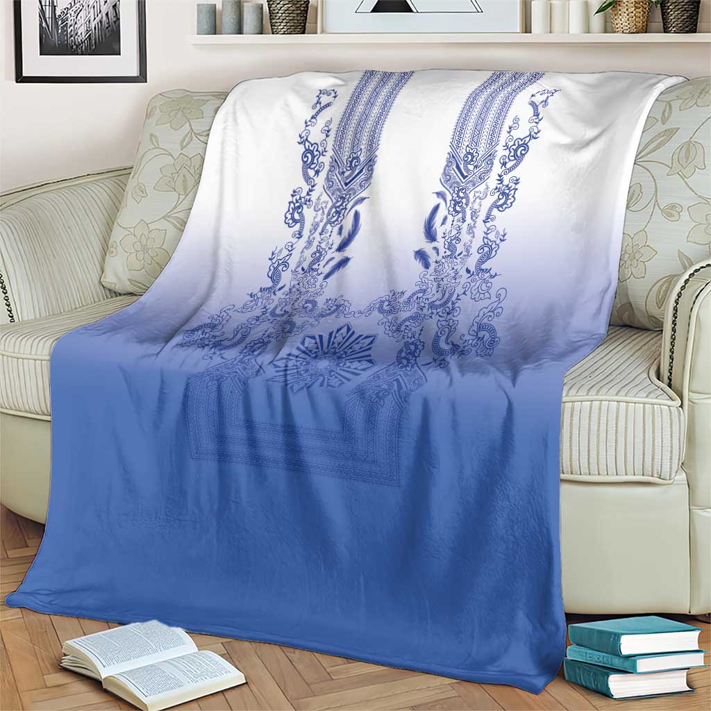 Philippines Barong Style Blanket with Polynesian Art and Leaf Motif Blue Color